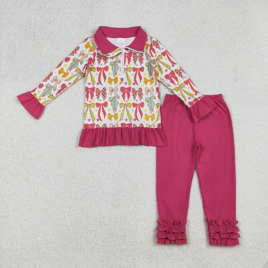 GLP2616 Colorful Bows Zipper Pullover Top Hot Pink Pants Girls Fall Clothes Set