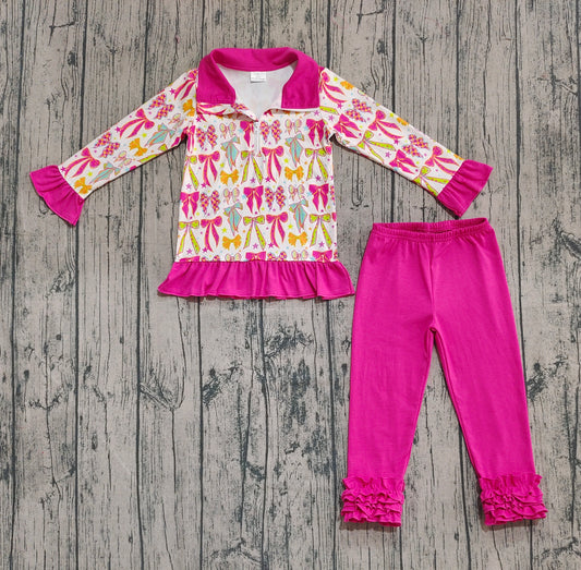 (Pre-order)GLP2616 Colorful Bows Zipper Pullover Top Hot Pink Pants Girls Fall Clothes Set