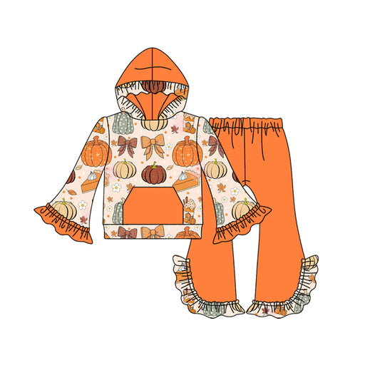 (Pre-order)GLP2618 Pumpkin Pocket Hoodie Top Ruffle Pants Girls Fall Clothes Set