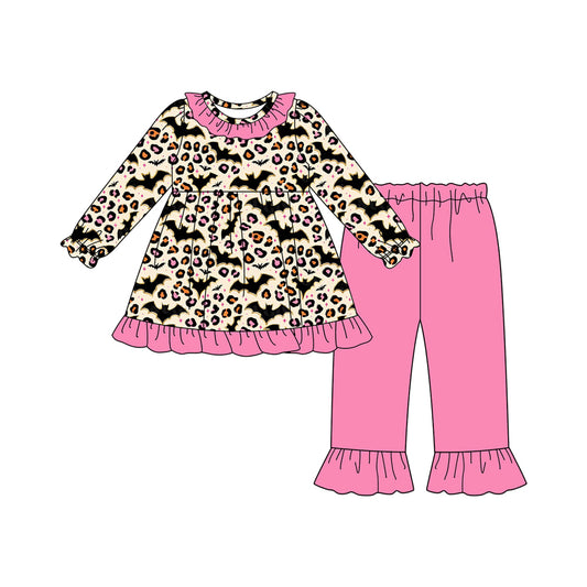(Pre-order)GLP2621 Bat Leopard Tunic Top Pink Ruffle Pants Girls Halloween Clothes Set