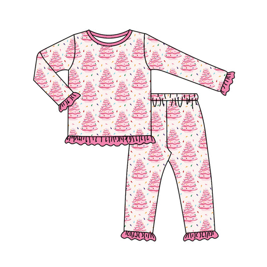 (Pre-order)GLP2623 Pink Tree Print Girls Christmas Pajamas Clothes Set
