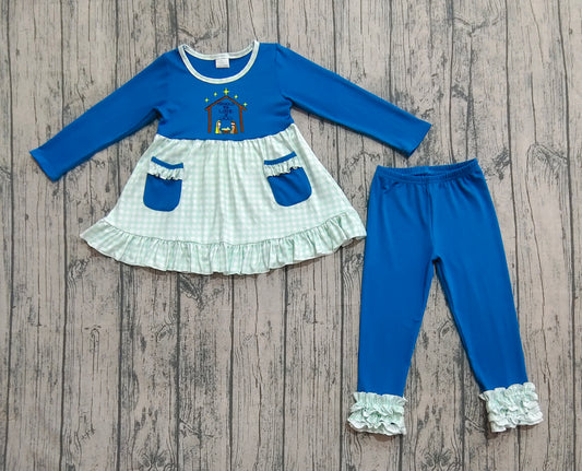 (Pre-order)GLP2625 Nativity Plaid Pockets Tunic Top Blue Ruffle Pants Girls Christmas Clothes Set