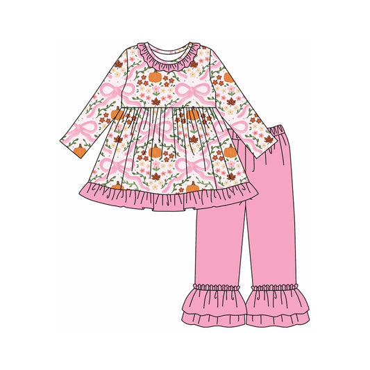 (Pre-order)GLP2626 Pumpkin Flowers Bows Tunic Top Pink Pants Girls Fall Clothes Set