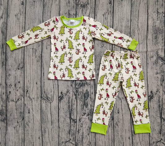 (Custom Design Preorder MOQ 20) Green Frog Tree Print Kids Christmas Bamboo Pajamas Clothes Set