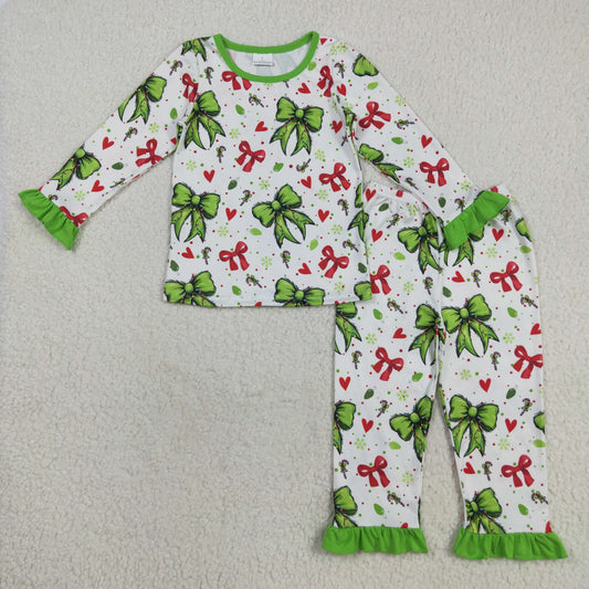 GLP2628 Green Frog Bows Candy Print Girls Christmas Pajamas Clothes Set