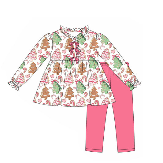 (Pre-order)GLP2629 Debbie Cake Bows Tunic Top Pink Pants Girls Christmas Clothes Set