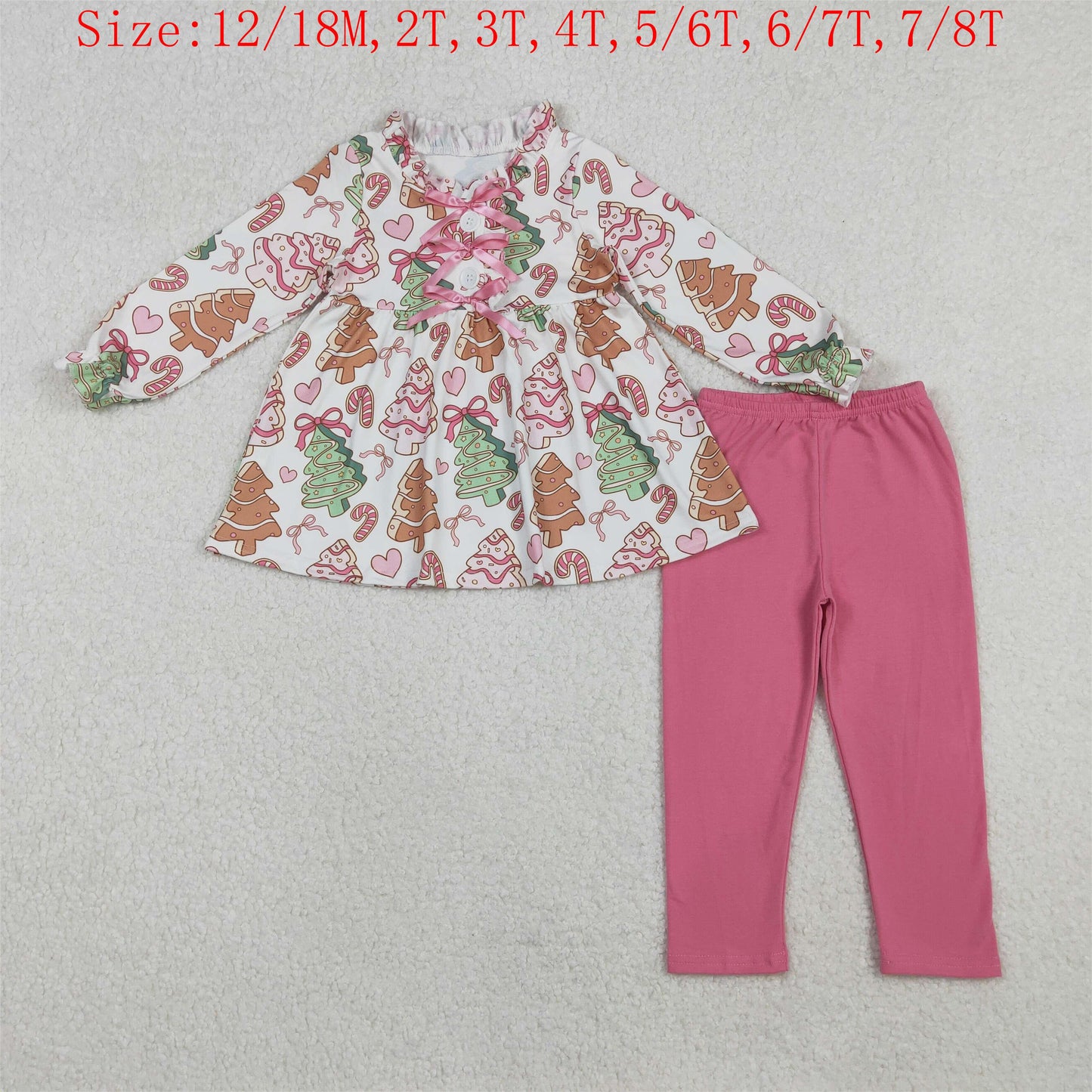 GLP2629 Debbie Cake Bows Tunic Top Pink Pants Girls Christmas Clothes Set