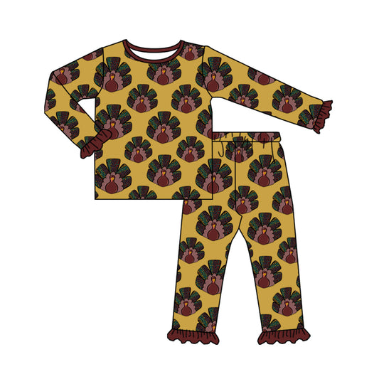 (Pre-order)GLP2630 Turkey Print Girls Thanksgiving Pajamas Clothes Set