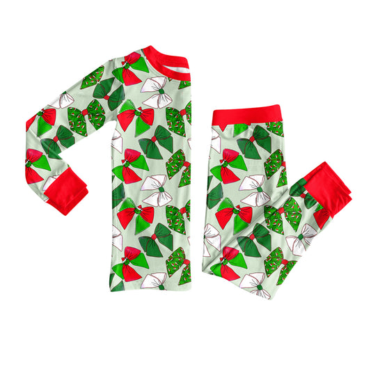 (Pre-order)GLP2631 Green Frog Bows Print Girls Christmas Pajamas Clothes Set