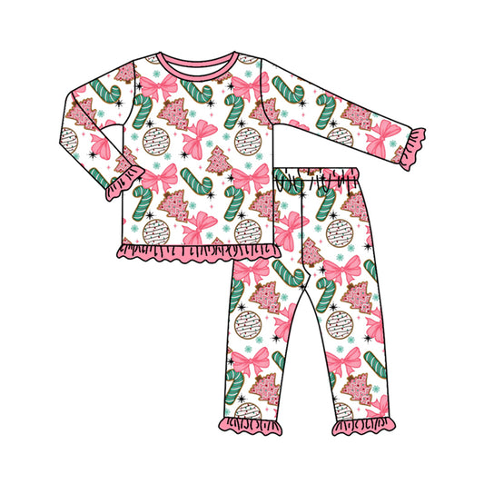 (Pre-order)GLP2632 Candy Cake Bows Print Girls Christmas Pajamas Clothes Set