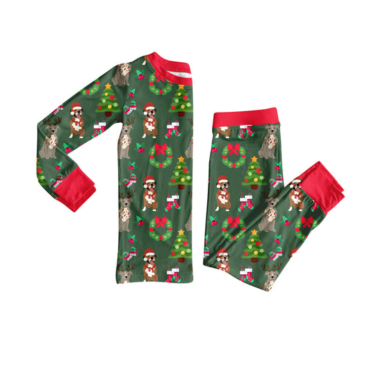 (Pre-order)GLP2633 Dog Holly Bows Print Girls Christmas Pajamas Clothes Set