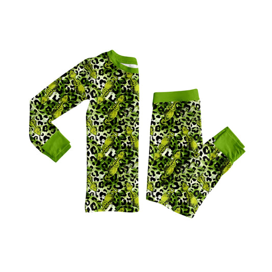 (Pre-order)GLP2634 Green Frog Leopard Print Girls Christmas Pajamas Clothes Set
