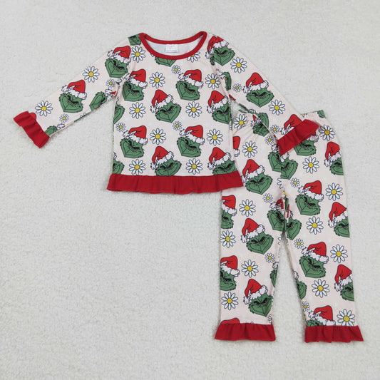 GLP2635 Green Frog Flowers Print Girls Christmas Pajamas Clothes Set