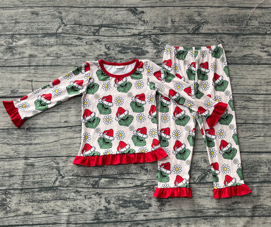 (Custom Design Preorder MOQ 20) Green Frog Flowers Print Girls Christmas Bamboo Pajamas Clothes Set