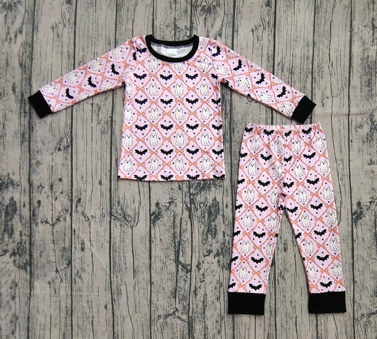 (Pre-order)GLP2639 Spooky Bat Bows Print Girls Halloween Pajamas Clothes Set