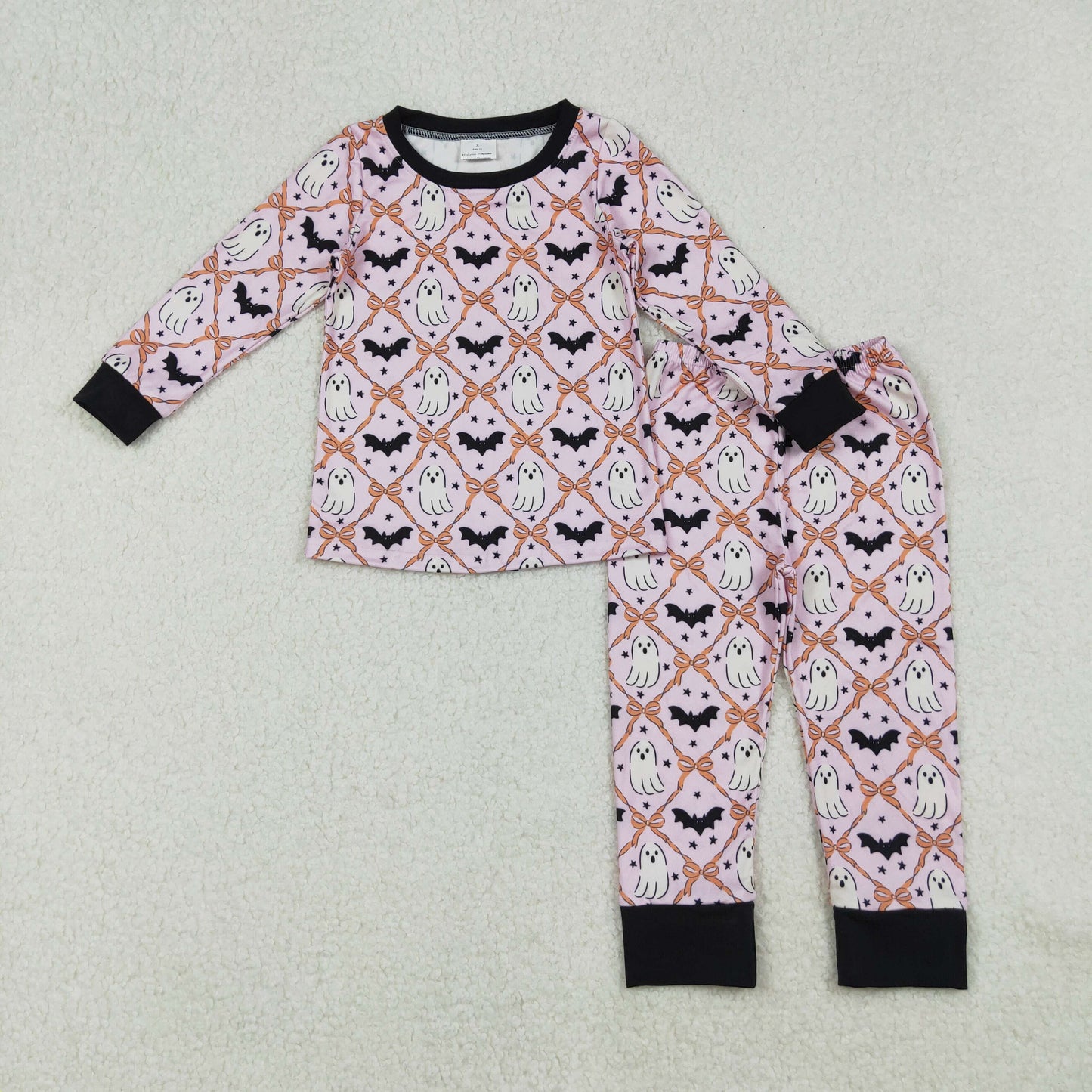GLP2639 Spooky Bat Bows Print Girls Halloween Pajamas Clothes Set
