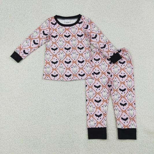 GLP2639 Spooky Bat Bows Print Girls Halloween Pajamas Clothes Set