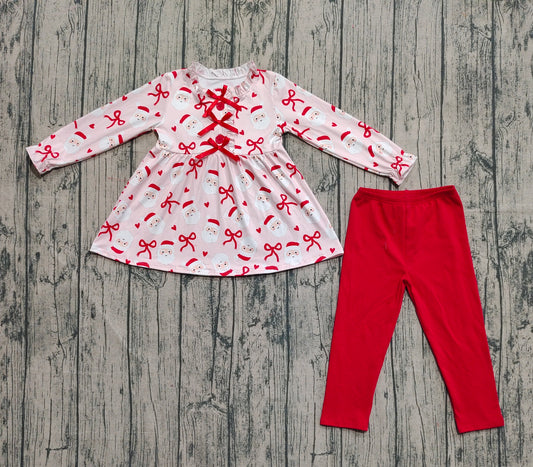(Pre-order)GLP2642 Santa Bows Tunic Top Red Pants Girls Christmas Clothes Set