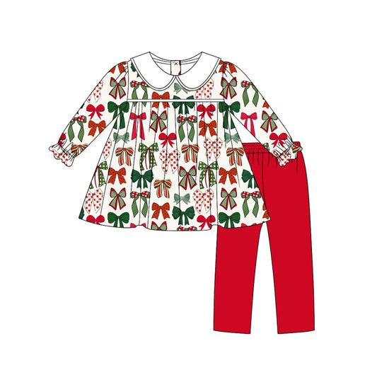(Pre-order)GLP2643 Red Green Bows Tunic Top Red Pants Girls Christmas Clothes Set