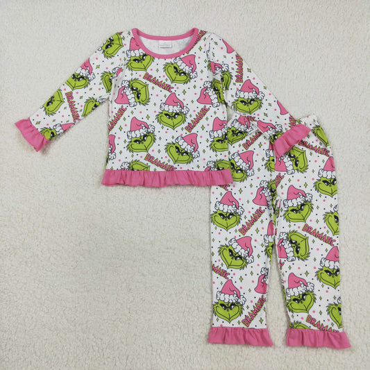 GLP2645 Green Frog Pink Print Girls Christmas Pajamas Clothes Set