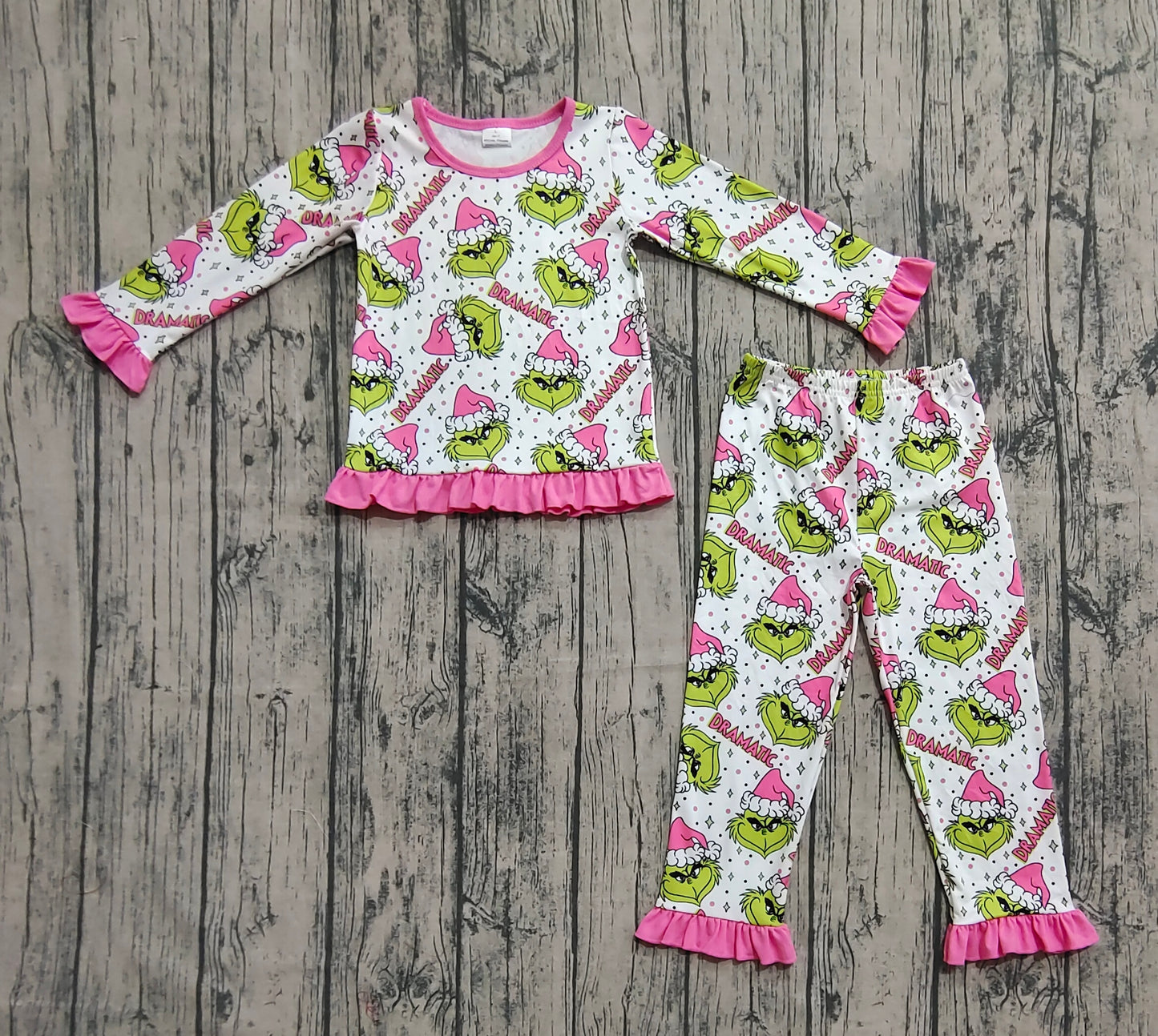 (Custom Design Preorder MOQ 20) Green Frog Pink Print Girls Christmas Bamboo Pajamas Clothes Set
