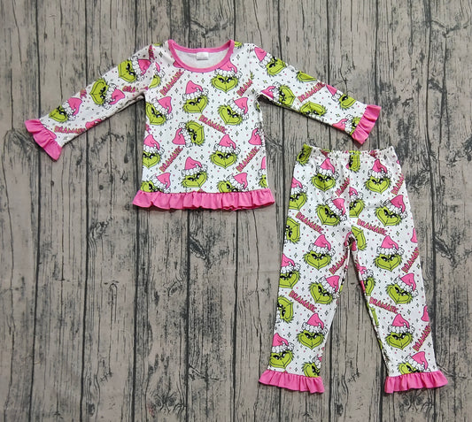 (Custom Design Preorder MOQ 20) Green Frog Pink Print Girls Christmas Bamboo Pajamas Clothes Set