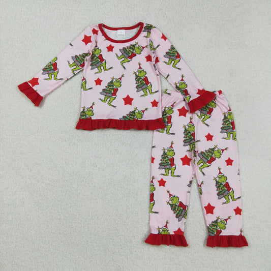 GLP2646 Green Frog Star Print Girls Christmas Pajamas Clothes Set