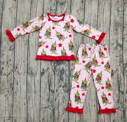 (Custom Design Preorder MOQ 20) Green Frog Pink Print Girls Christmas Bamboo Pajamas Clothes Set
