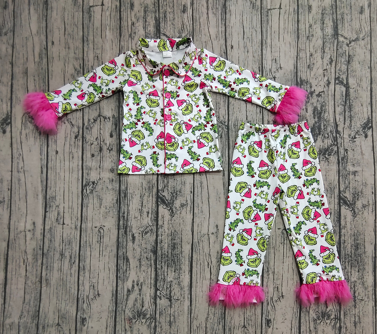 (Pre-order)GLP2647 Green Frog Pink Print Girls Christmas Buttons Fur Pajamas Clothes Set