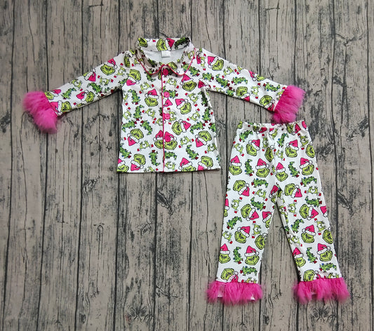 (Pre-order)GLP2647 Green Frog Pink Print Girls Christmas Buttons Fur Pajamas Clothes Set