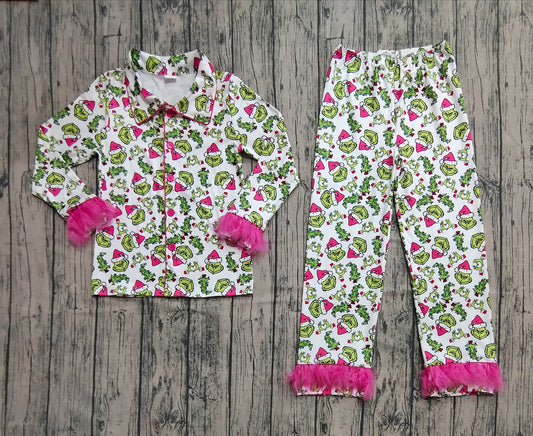(Pre-order)GLP2648 Adult Green Frog Pink Print Woman Christmas Buttons Fur Pajamas Clothes Set