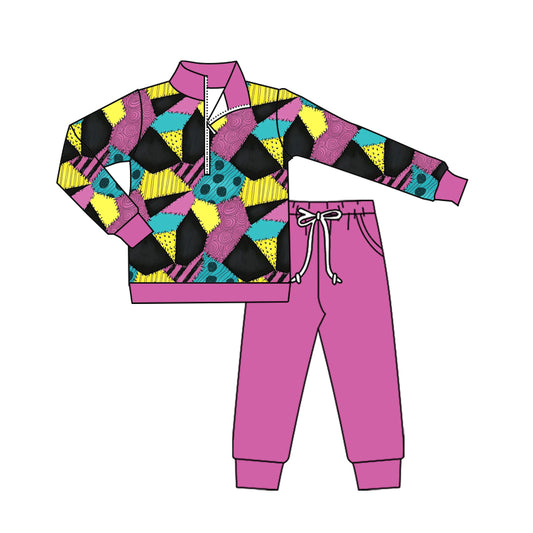 (Pre-order)GLP2649 Cartoon Movie Patch Zipper Pullover Top Hot Pink Pants Girls Halloween Clothes Set