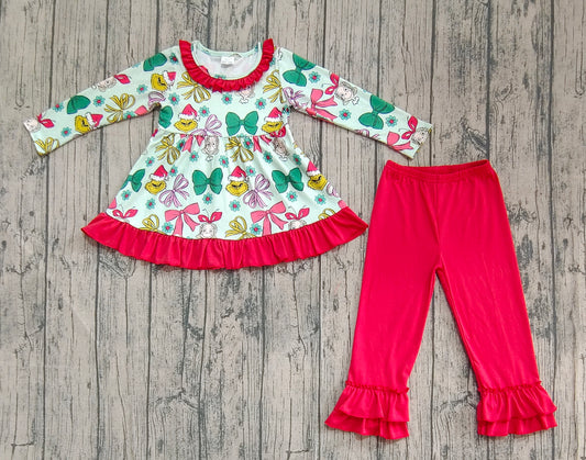 (Pre-order)GLP2651 Green Frog Bows Flowers Tunic Top Red Pants Girls Christmas Clothes Set
