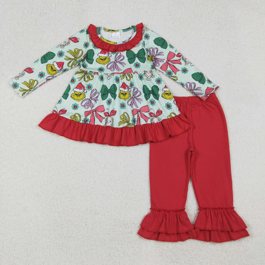 GLP2651 Green Frog Bows Flowers Tunic Top Red Pants Girls Christmas Clothes Set