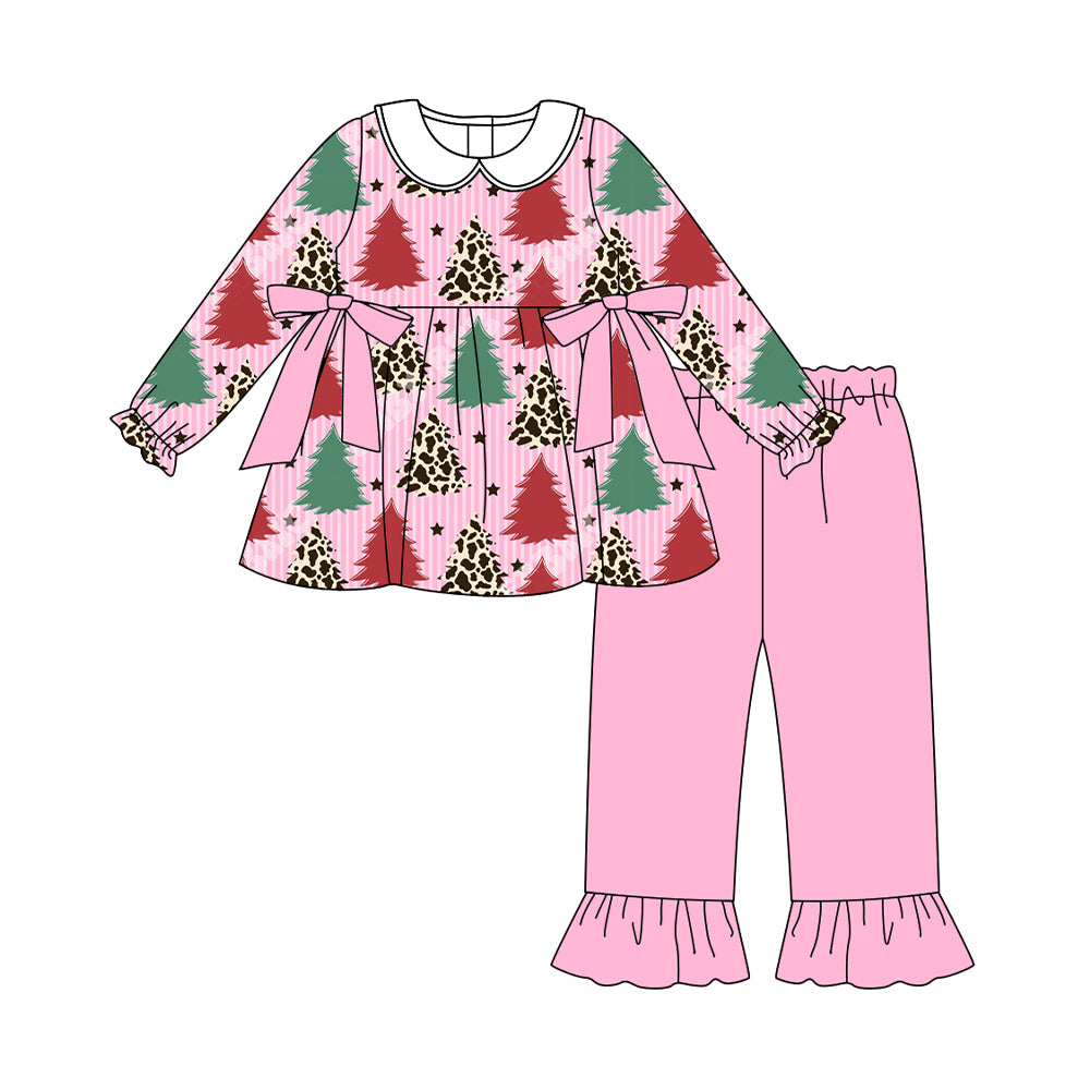(Pre-order)GLP2653 Leopard Tree Stripes Tunic Top Pink Pants Girls Christmas Clothes Set