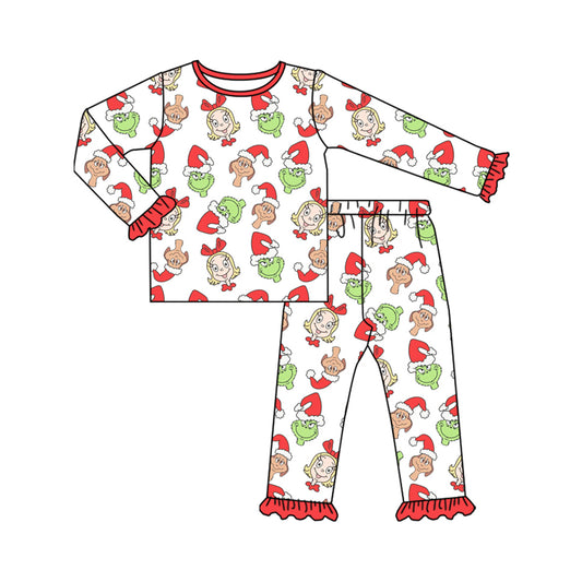 (Pre-order)GLP2654 Green Frog Print Girls Christmas Pajamas Clothes Set