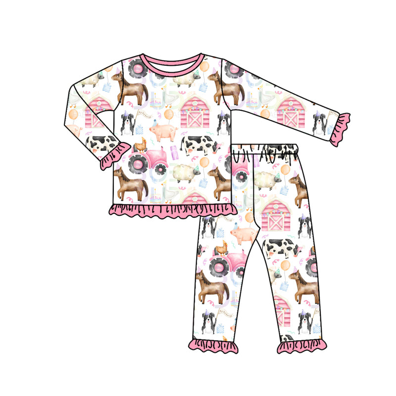 (Pre-order)GLP2655 Farm Animals Pink Print Girls Pajamas Clothes Set