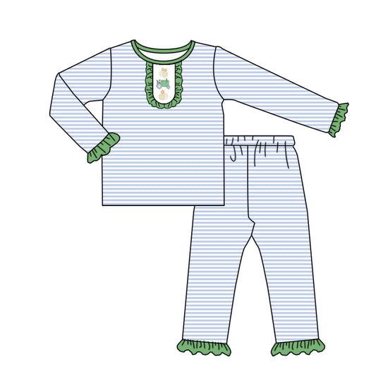 (Pre-order)GLP2656 Tractors Pumpkin Stripes Print Girls Fall Pajamas Clothes Set