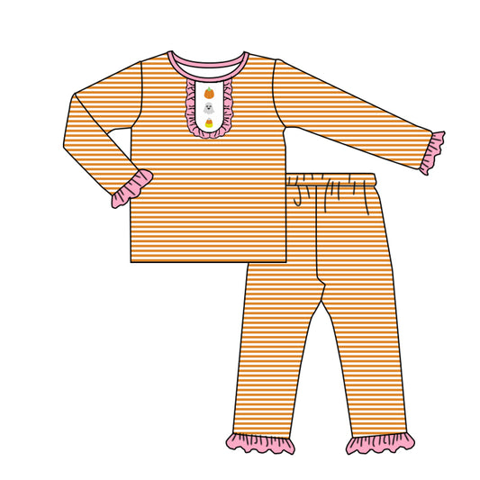 (Pre-order)GLP2658 Pumpkin Spooky Candy Stripes Print Girls Halloween Pajamas Clothes Set
