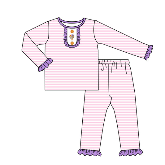 (Pre-order)GLP2659 Turkey Pumpkin Stripes Print Girls Thanksgiving Pajamas Clothes Set