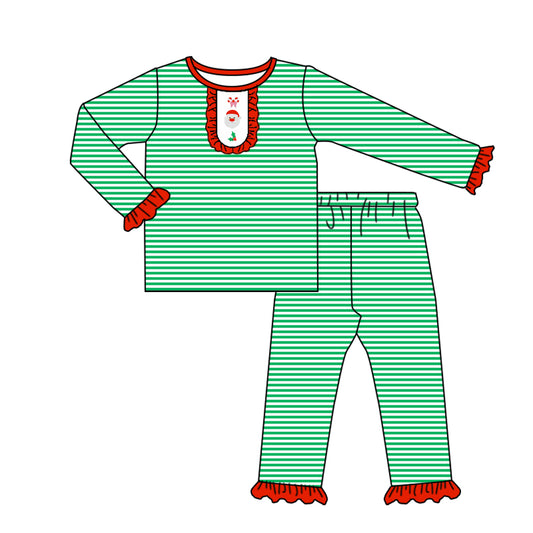 (Pre-order)GLP2660 Santa Holly Stripes Print Girls Christmas Pajamas Clothes Set