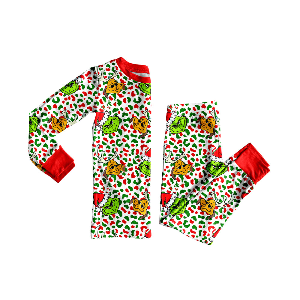 (Pre-order)GLP2661 Green Frog Leopard Print Girls Christmas Pajamas Clothes Set