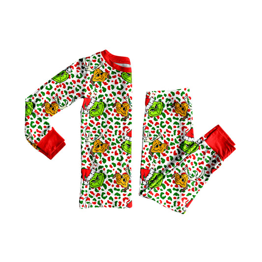 (Pre-order)GLP2661 Green Frog Leopard Print Girls Christmas Pajamas Clothes Set
