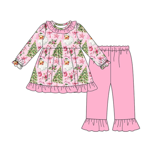 (Pre-order)GLP2662 Santa Holly Candy Cane Tunic Top Pink Pants Girls Christmas Clothes Set