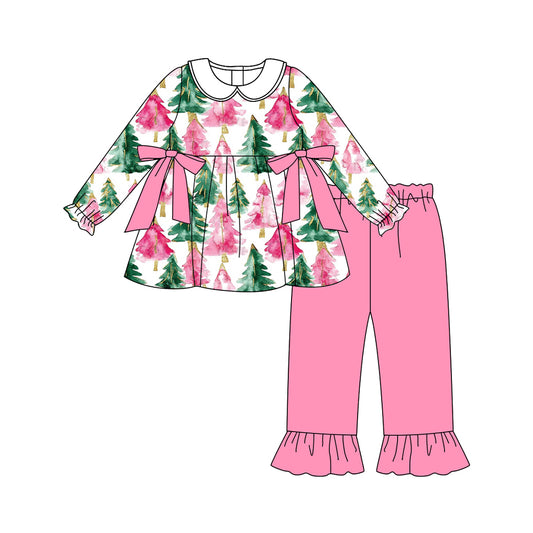 (Pre-order)GLP2663 Tree Tunic Top Pink Pants Girls Christmas Clothes Set
