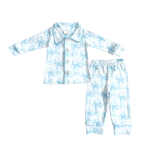 (Pre-order)GLP2667 Blue Bows Print Girls Buttons Pajamas Clothes Set