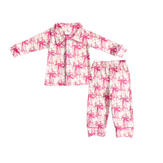 (Pre-order)GLP2668 Pink Bows Print Girls Buttons Pajamas Clothes Set
