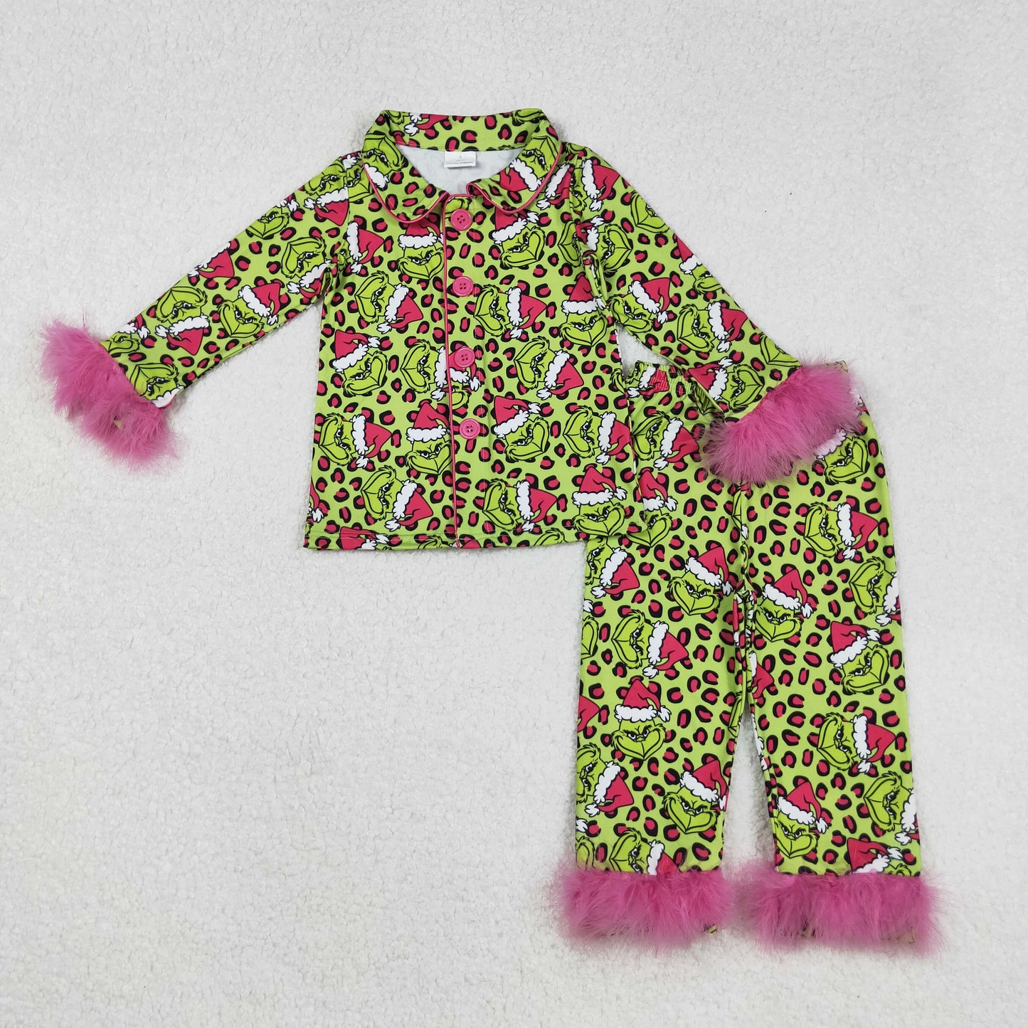 GLP2669 Green Frog Leopard Print Girls Christmas Buttons Fur Pajamas Clothes Set