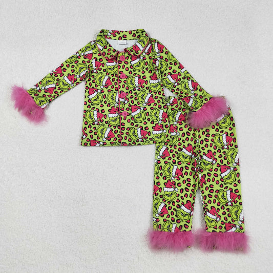 GLP2669 Green Frog Leopard Print Girls Christmas Buttons Fur Pajamas Clothes Set