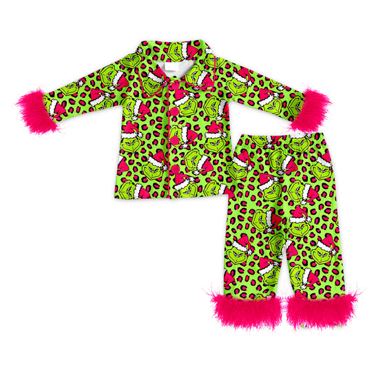 (Pre-order)GLP2670 Adult Green Frog Leopard Print Woman Christmas Buttons Fur Pajamas Clothes Set